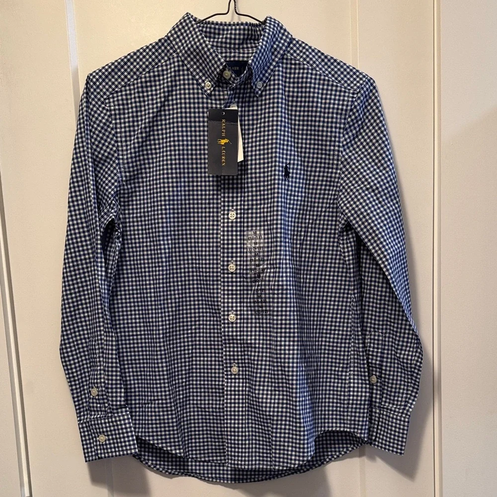 Ralph Lauren Boys Navy Checkered Button Down Shirt size M 10/12 NWT